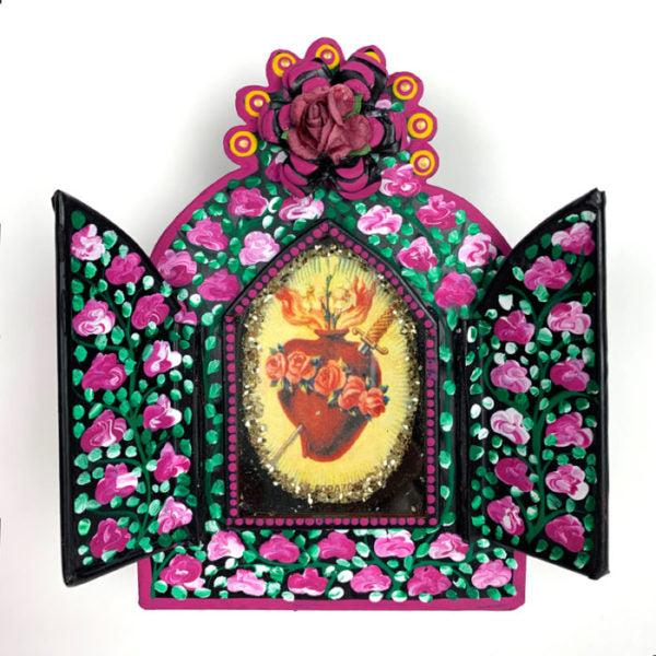 sugar skull Rose Flaming Heart Retablo with 2 doors - Small