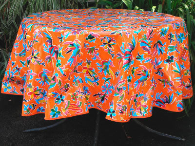 sugar skull Round Oilcloth Tablecloth – Animales on Orange - Red trim