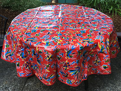 sugar skull Round Oilcloth Tablecloth – Animales on Red - Red Trim