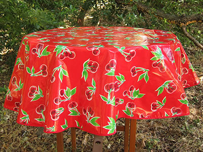 sugar skull Round Oilcloth Tablecloth – Cherries on Red with red trim