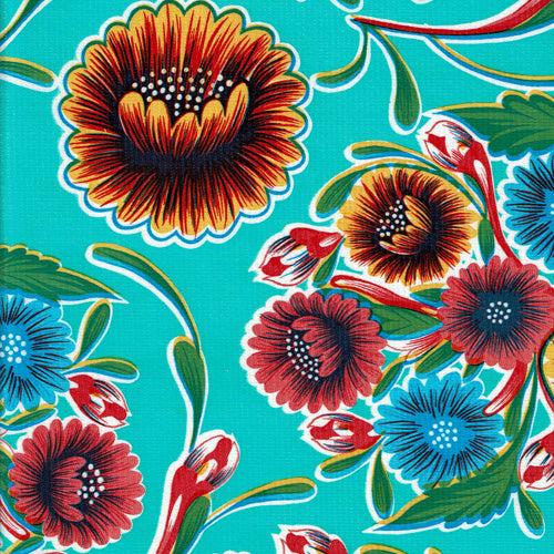 sugar skull Round Oilcloth Tablecloth – Floral Aqua w/ red trim