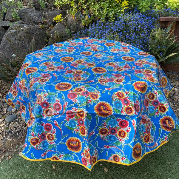 sugar skull Round Oilcloth Tablecloth - Floral Blue - deep yellow trim