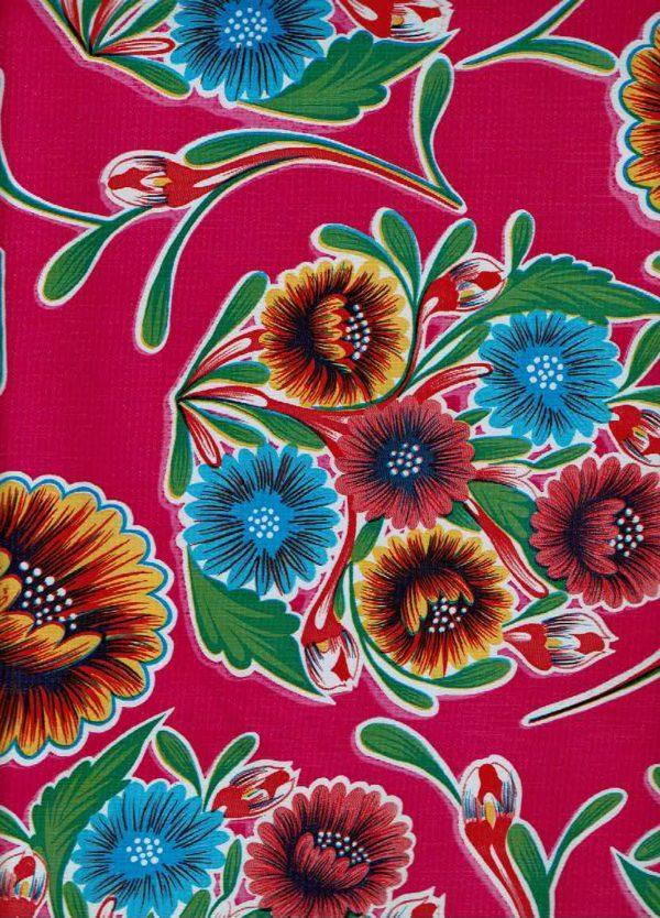 sugar skull Round Oilcloth Tablecloth – Floral on Magenta - yellow trim