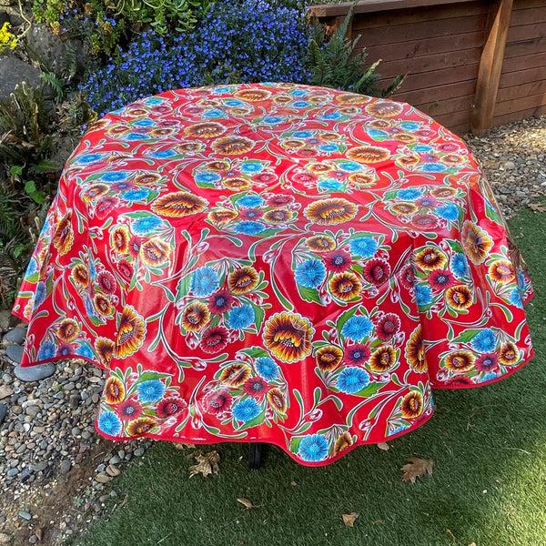 sugar skull Round Oilcloth Tablecloth - Floral Red - Red trim