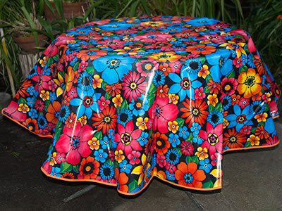 sugar skull Round Oilcloth Tablecloth – Flower Fields on Black - ORANGE trim