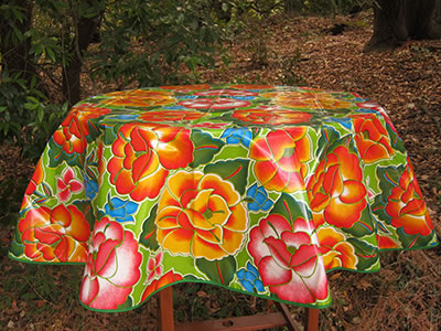 sugar skull Round Oilcloth Tablecloth – Frida on Lime Green with green trim