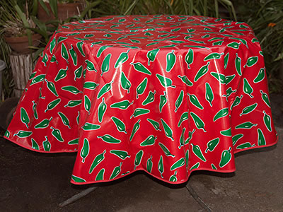 sugar skull Round Oilcloth Tablecloth – Green Chile Peppers on Red