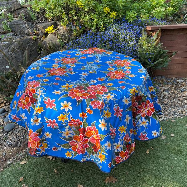 sugar skull Round Oilcloth Tablecloth - Hibiscus Blue