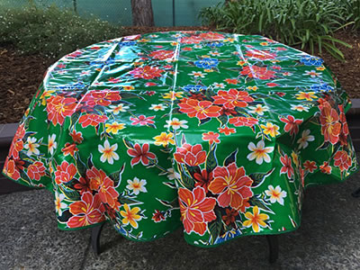 sugar skull Round Oilcloth Tablecloth – Hibiscus on Green with trim