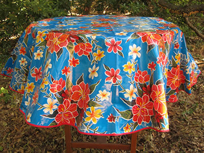 sugar skull Round Oilcloth Tablecloth – Hibiscus on Royal Blue - Blue trim