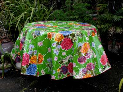 sugar skull Round Oilcloth Tablecloth – Mums on Green with Green trim