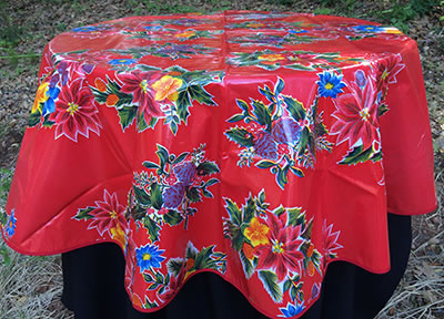 sugar skull Round Oilcloth Tablecloth – Poinsettia in Red