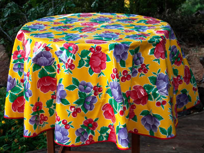sugar skull Round Oilcloth Tablecloth – Poppy on Yellow with red trim