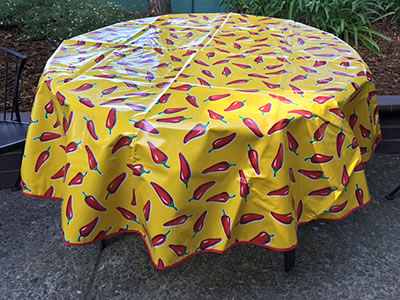 sugar skull Round Oilcloth Tablecloth – Red Chile Peppers on Yellow - Red Trim