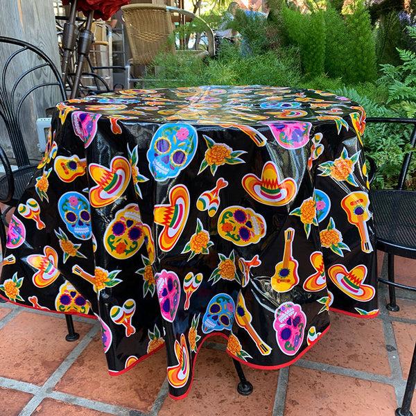 sugar skull Round Oilcloth Tablecloth - Sugar Skulls on Black