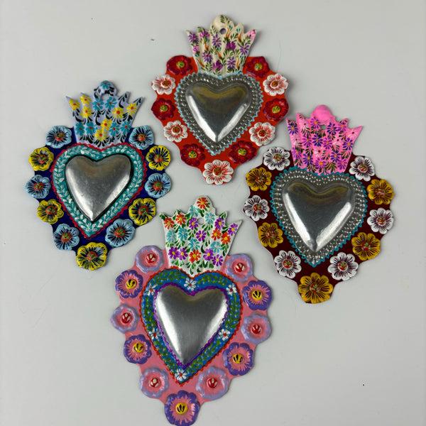 sugar skull Silver Center Hand Painted Heart Milagros - Assorted