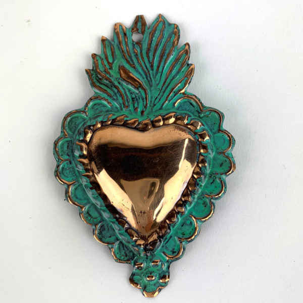 sugar skull Copper Flaming Heart Milagro - 3.75 inch