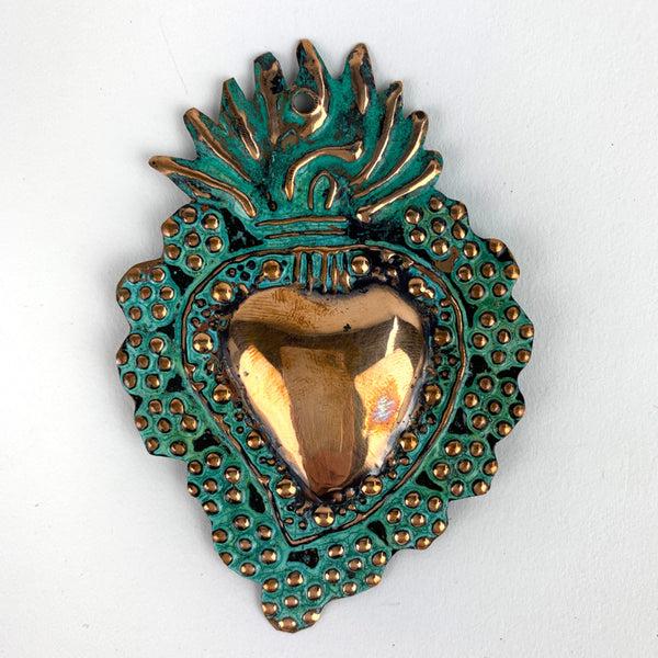 sugar skull Copper Flaming Heart Milagro - 3 inch
