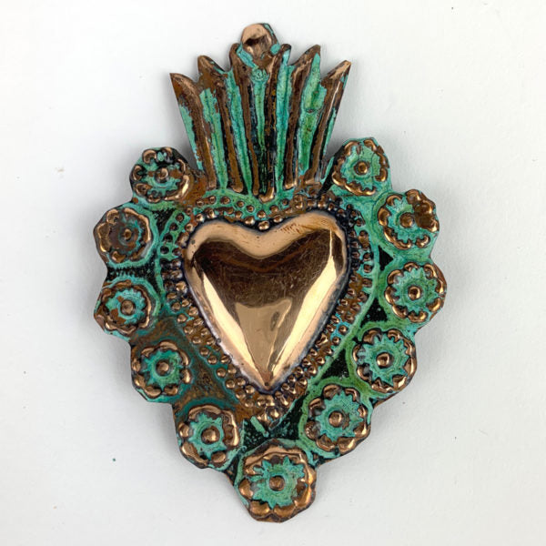 sugar skull Copper Flaming Heart Milagro - 4 inch