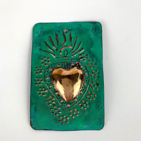 sugar skull Copper Flaming Heart Milagro Plaque