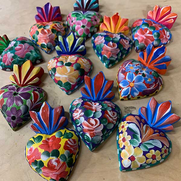 sugar skull Hand Carved Wood Flaming Heart