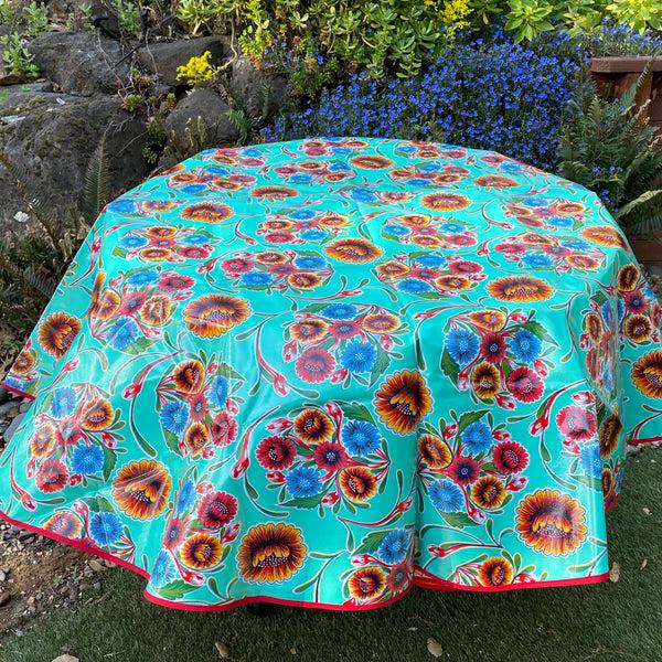 sugar skull Round Oilcloth Tablecloth - Floral Aqua