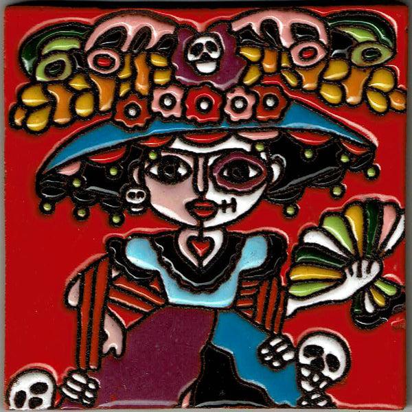 sugar skull Tile - Red Catrina