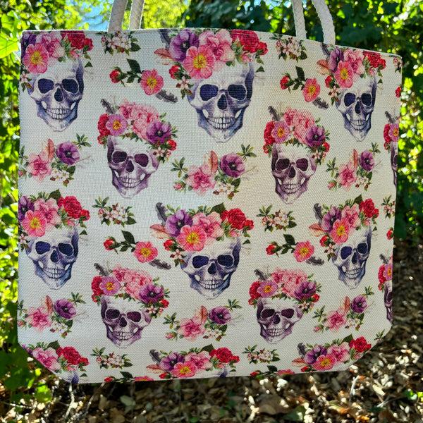 sugar skull Totes - White with Skulls - Canvas