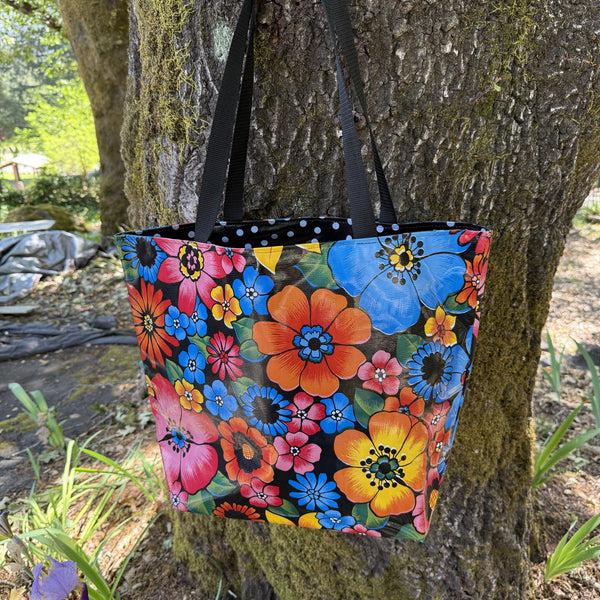 sugar skull TOTE Oilcloth Market Bag - Flower Fields on Blue W/ Black Polka Dot