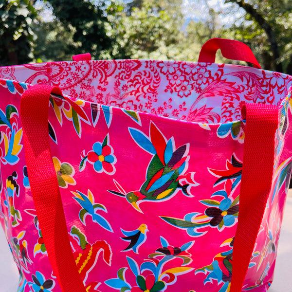 sugar skull TOTE Reversible Oilcloth Market Bag - Animales Magenta Pink/Paradise Red