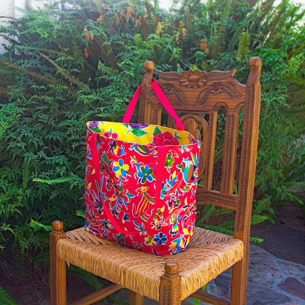 sugar skull TOTE Reversible Oilcloth Market Bag - Animales Red/Poppy Yellow