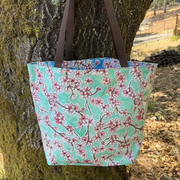 sugar skull TOTE Reversible Oilcloth Market Bag - Aqua Cherry Blossoms W/ Blue Cherry Blossoms