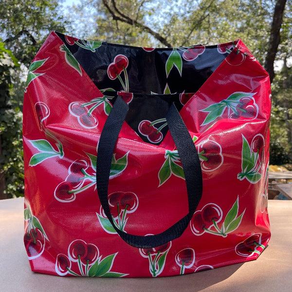 sugar skull TOTE Reversible Oilcloth Market Bag - Cherry Red/Cherry Black