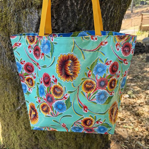 sugar skull TOTE Reversible Oilcloth Market Bag - Floral Aqua/Floral Dark Blue