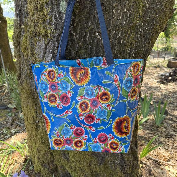 sugar skull TOTE Reversible Oilcloth Market Bag - Floral Royal Blue/Floral Sky Blue