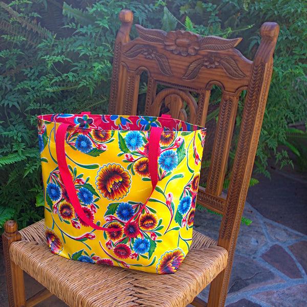sugar skull TOTE Reversible Oilcloth Market Bag - Floral Yellow/Floral Orange inside /