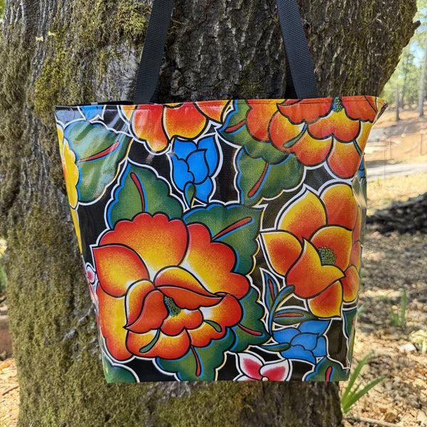 sugar skull TOTE Reversible Oilcloth Market Bag - Frida Black/Black Polka Dots