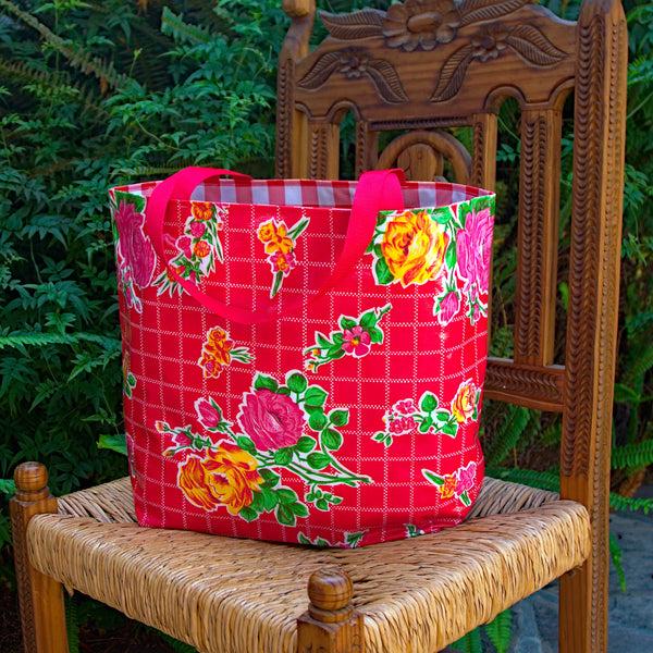 sugar skull TOTE Reversible Oilcloth Market Bag - Havana Red/Picnic Red Check