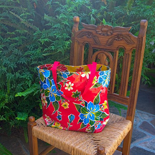 sugar skull TOTE Reversible Oilcloth Market Bag - Hibiscus Red / Hibiscus Yellow