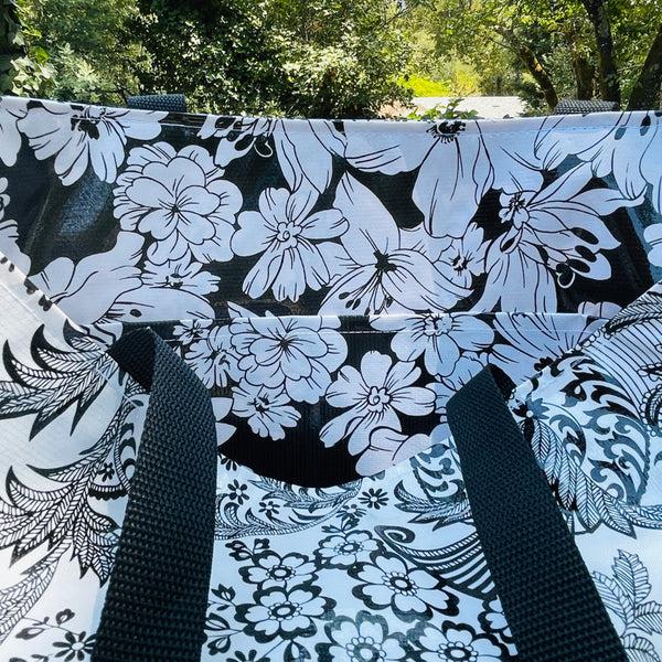 sugar skull TOTE Reversible Oilcloth Market Bag - Paradise Black/Wildflower BW