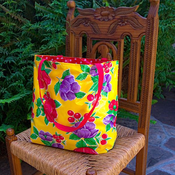 sugar skull TOTE Reversible Oilcloth Market Bag - Poppy Yellow/Red Polkadot