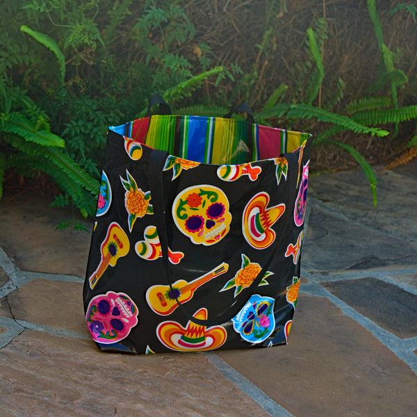 sugar skull TOTE Reversible Oilcloth Market Bag - Sugar Skull Black/Serape Stripe