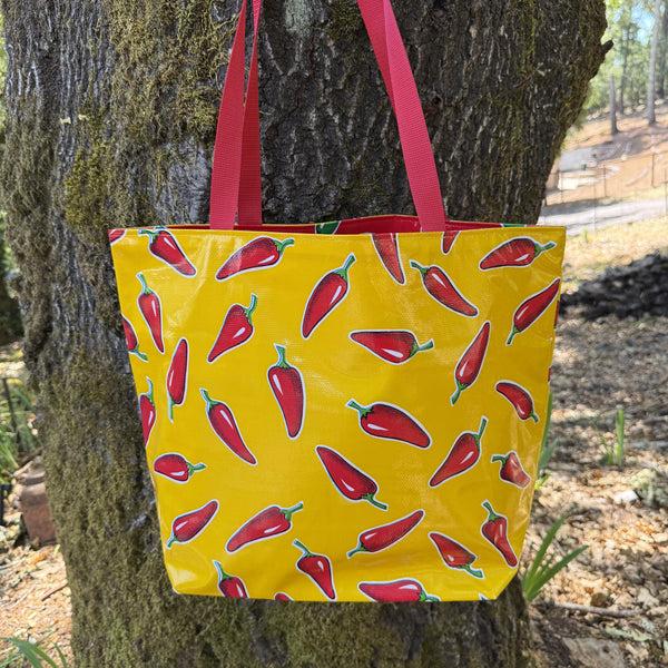 sugar skull TOTE Reversible Oilcloth Market Bag - Yellow Chile Peppers w/Red Chili Peppers