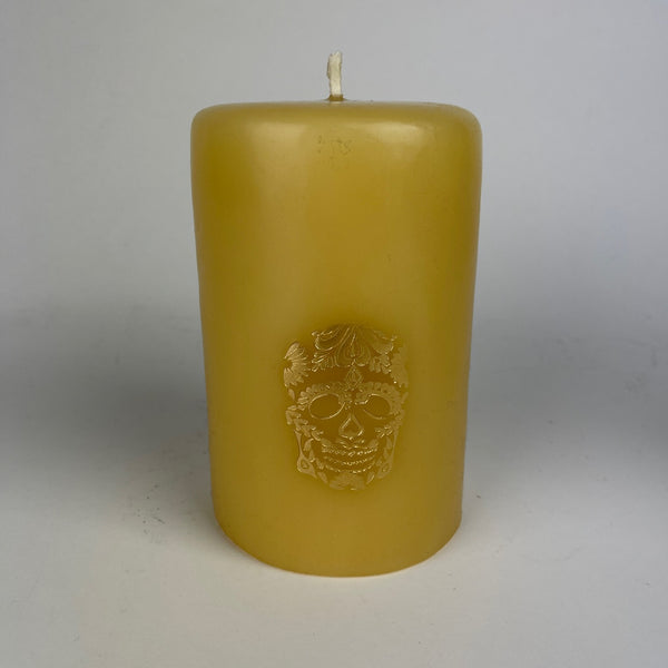 sugar skull XL Mexican Church Candle 4x6 (right side of photo)