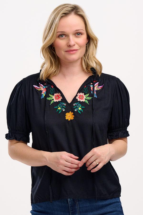 Sugarhill Brighton Angelique Shirred Top - Green Rainbow Parrots Embroidery