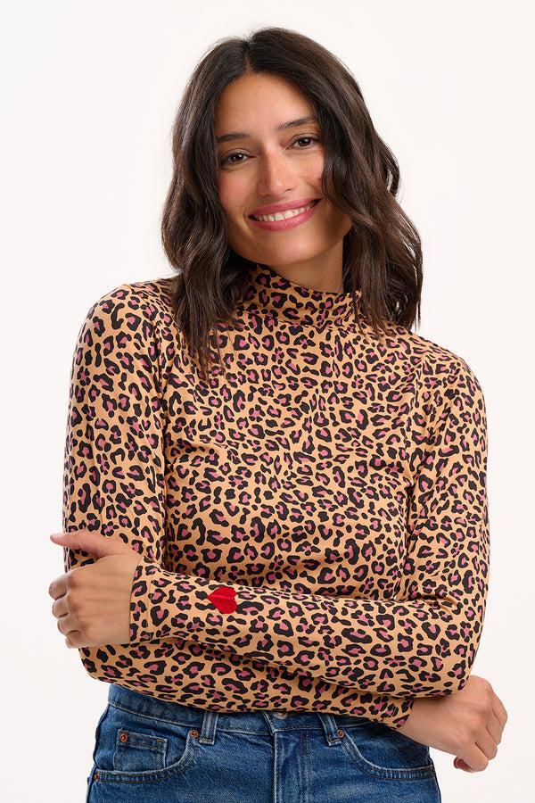 sugarhill brighton Annika Turtleneck Jersey Top - Tan Classic Leopard Heart