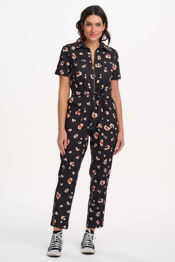 Sugarhill Brighton Billy Boilersuit - Black & Tan Leopard Print