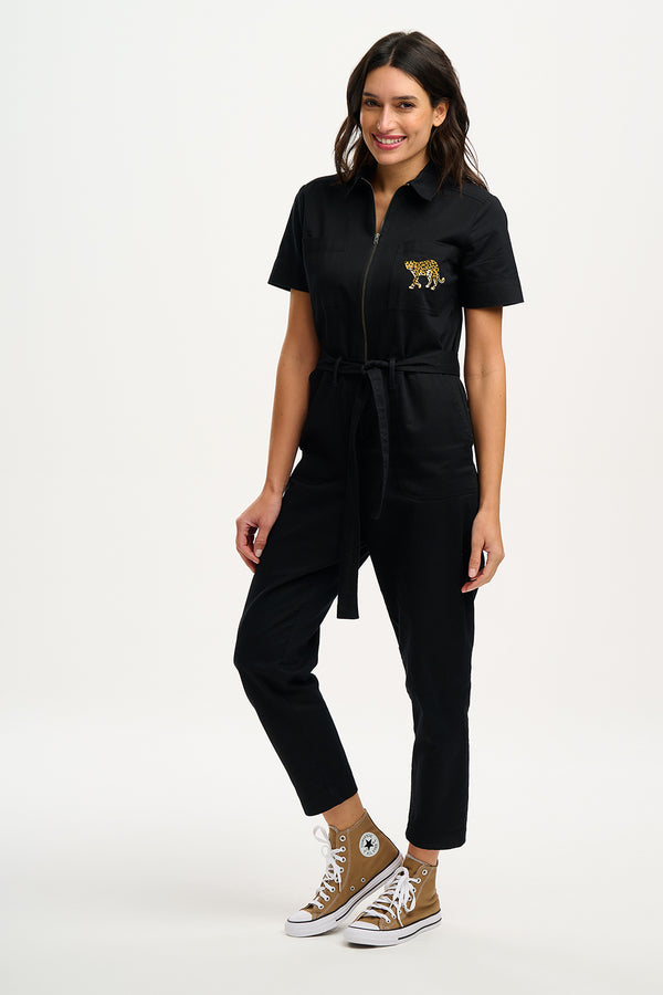 sugarhill brighton Billy Boilersuit - Black & Tan Leopard Print