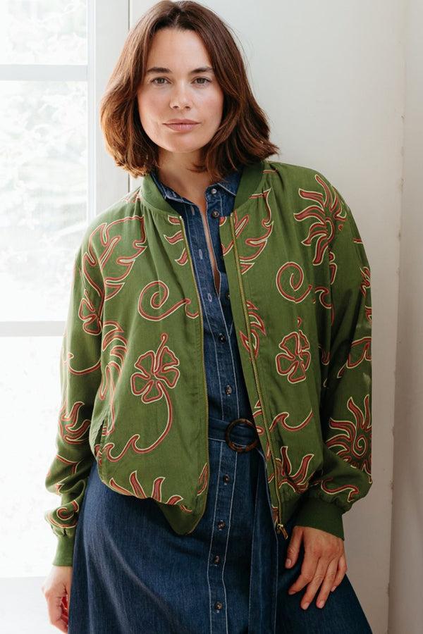 Sugarhill Brighton Bobbi Bomber Jacket - Black/Green Geometric Lines