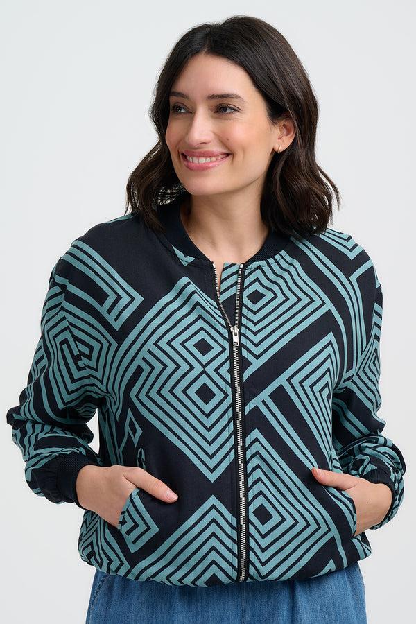 sugarhill brighton Bobbi Bomber Jacket - Black/Green Geometric Lines